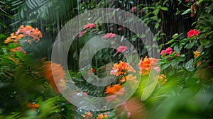 A blurred scene of vibrant blooms and dense foliage representing the vibrant energy and rejuvenation of monsoon showers