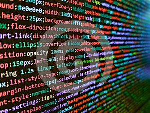 Blurred screen with selective focus. Binary code digital technology background. Programing workflow abstract algorithm concept.