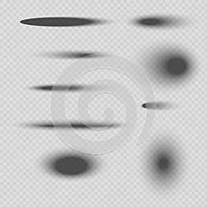 Blurred shadow set. Transparent background. Vector shadow elements. Realistic soft shapes.