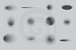 Blurred shadow set. Transparent background. Vector shadow elements. Realistic soft shapes.