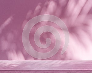 Blurred shadow of tropical palm leaves on pink wall and table top in the foreground. Summer concept