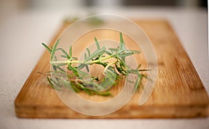 Blurred shot of rosemary and thyme on wooden cutting board, copy