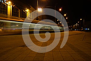 Blurred shot of Tram at Night in Downtown