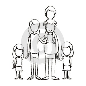 Blurred silhouette caricature faceless big family parents with boy on his back and daugthers taken hands