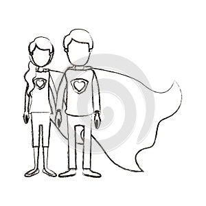 Blurred silhouette caricature faceless full body couple youngs super hero with uniform and cap