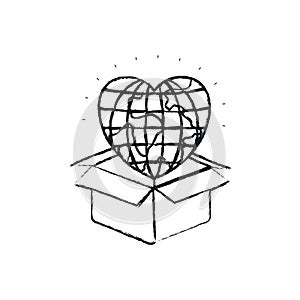Blurred silhouette globe earth world in heart shape coming out of cardboard box