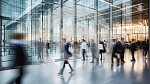 Blurred Silhouettes of Business People in lobby of modern business center. Abstract light motion blur effects, banner