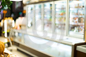 Blurred Supermarket Aisle Background With Refrigerators In Grocery Store