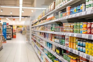 Supermarket aisle with blurred shelves photo