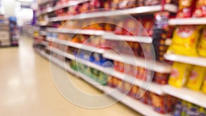 Blurred supermarket aisles with various products on display, store interior as background