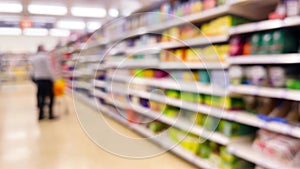 Blurred supermarket aisles with various products on display, store interior as background