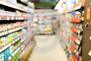 Blurred Supermarket Background, Grocery Store Aisle With Shelves And Products