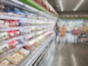 Blurred supermarket, grocery with customers shopping, bokeh light background