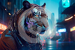 Blurred Tiger in the city at night. Neon lights.