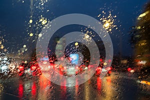 Blurred Traffic Lights Through Rainy Windshield