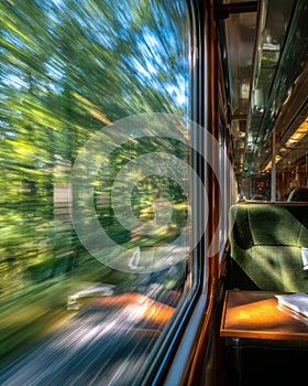 Blurred Train Window with Forest Passing