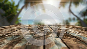 Blurred tropical background with wooden floor and beach scenery