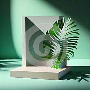 Blurred tropical palm leaf shadow on green wall background with concrete podium for product show, Spring and Summer,