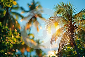 Blurred tropical palm trees against blue sky, natural background.