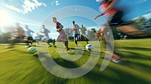 Blurred view of the actionpacked field with players sprinting towards the goal