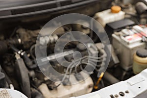 Blurred view of engine bay in modern car