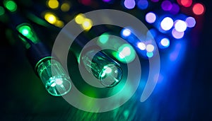 Blurred view of festive lights on dark background. Bokeh effect