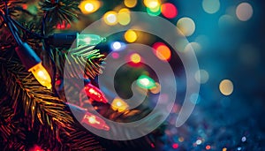 Blurred view of festive lights on dark background. Bokeh effect