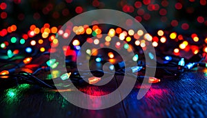 Blurred view of festive lights on dark background. Bokeh effect