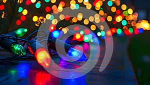 Blurred view of festive lights on dark background. Bokeh effect