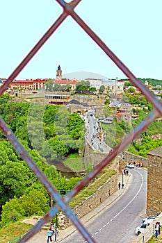 Blurred view of Kamianets-Podilskyi city from the castle