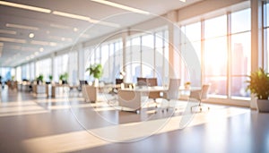 Blurred Office Interior with Sunlight and City View out of focus