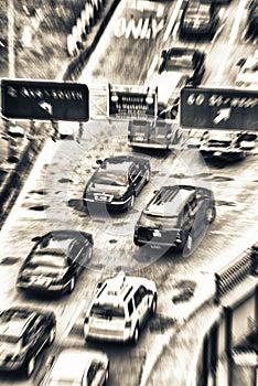 Blurred view of New York traffic. Street from above