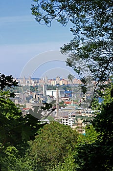 Blurred view of Podil district of Kyiv, Ukraine
