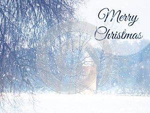 Blurry and abstract magical winter landscape photo with greeting text: Merry Christmas. Glitter overlay.