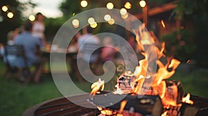 Blurry background of a backyard barbecue with families gathered around a cozy bonfire and enjoying each others company