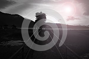 Blurry background of the fences on a bridge and a tree silhouette in the lake in monochrome black and white abstract art.