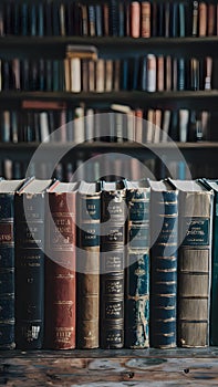 Blurry background of old, weathered books on a table