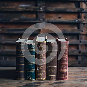 Blurry background of old, weathered books on a table
