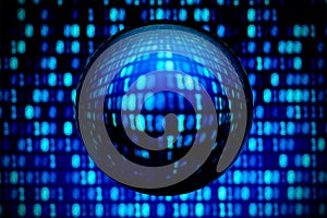 Blurry binary code background and a lens ball