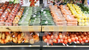 Blurry - Blur image of fresh vegetables and fruits on shelf in supermarket convenience store for background.