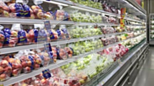 Blurry - Blur image of fresh vegetables and fruits on shelf in supermarket convenience store for background.