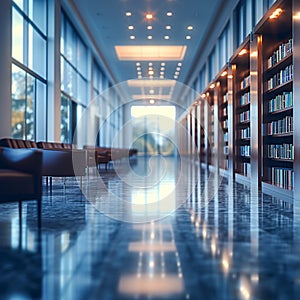 Blurry business hub Public librarys abstract space, great for concepts photo