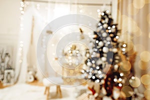 Blurry christmas living room interior with curved furniture