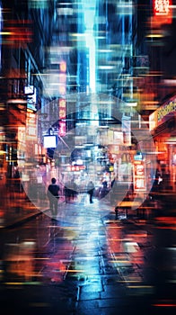 a blurry image of a busy city street at night