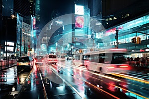 a blurry image of a busy city street at night