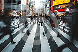 Blurry image capturing a group of people in motion on a city sidewalk during the early morning hours AI generated.