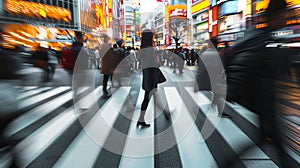 Blurry image capturing a group of people in motion on a city sidewalk during the early morning hours AI generated.