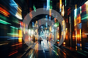 a blurry image of a city street at night with colorful lights