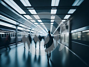 A blurry image of people walking through a subway station.