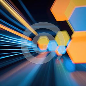 Blurry image of a road with orange and blue hexagons